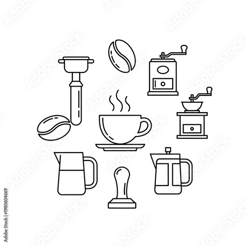 Coffee Making Equipment and Accessories Line Icon Set