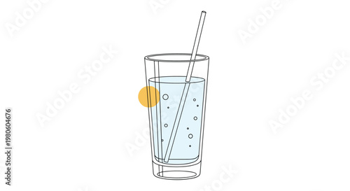 Minimalist glass of sparkling water with bubbles and a long drinking straw depicted in a clean graphic style on a white surface.