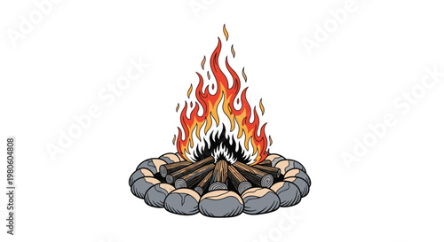 Blazing campfire illustration with bright red and orange flames burning on logs inside a protective ring of grey stones.