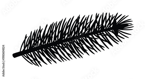 Solid black silhouette of a single pine tree branch with numerous needles in a horizontal position on a white background.
