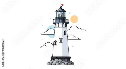 Minimalist illustration of a lighthouse with a red flag and soft clouds on a white background with decorative pastel circles.