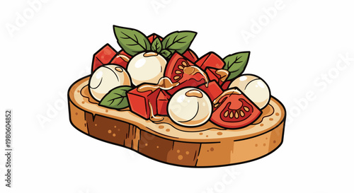 A flavorful bruschetta topped with fresh tomatoes, mozzarella balls, and basil leaves