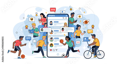 Diverse group of people engaging in various sports and activities while interacting with a large smartphone displaying social media content.