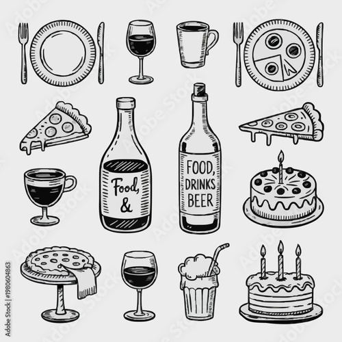 Food and Drink Hand-Drawn Doodle Icon Set