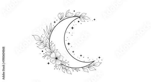 Delicate hand drawn crescent moon decorated with beautiful flowers and leaves surrounded by tiny stars in a minimalist bohemian style illustration.