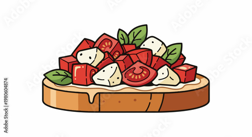 A stylized illustration of a bruschetta with diced tomatoes and white cheese