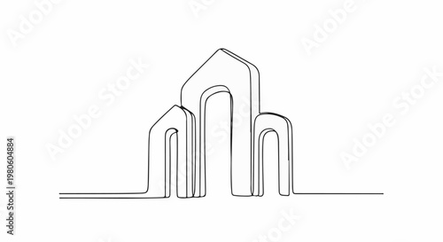 Minimalist line art depicts abstract, modern city skyline with archways