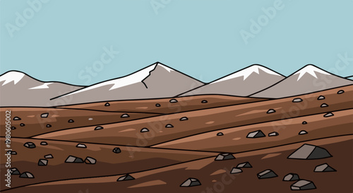 Stylized mountain landscape with snowy peaks and rocky terrain