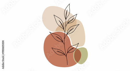 Minimalist line art of a delicate branch with abstract earthy-toned shapes