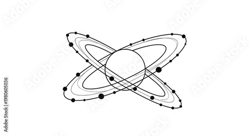 Minimalist line drawing of a central planet surrounded by intersecting elliptical orbital paths with small celestial bodies or moons positioned along them.