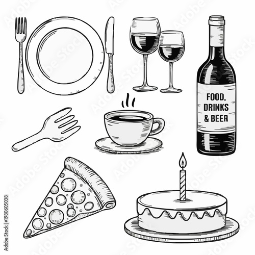 Vintage Hand-Drawn Food and Drink Etching Icon Set