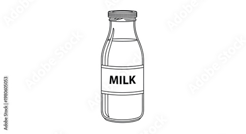 Classic glass milk bottle with a white label featuring the word milk in bold black letters against a clean white background in a simple line art style.