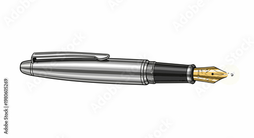 Silver fountain pen with gold nib detailed illustration