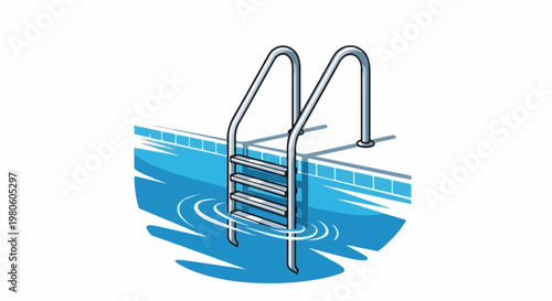 A swimming pool ladder enters clear blue water with ripples