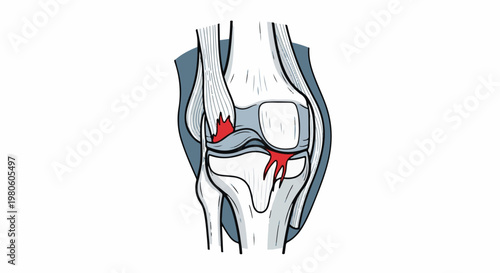 Anatomical illustration of a torn knee joint, showing ligaments and cartilage damage