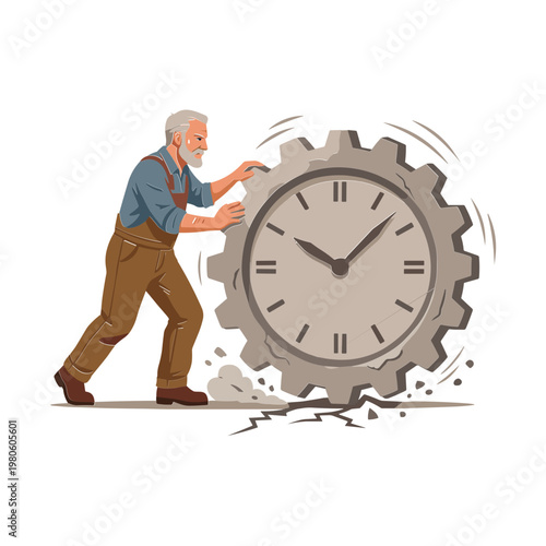 Man pushing large gear clock wheel outdoors with effort