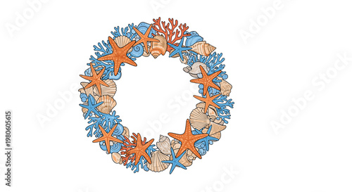 Circular wreath composed of colorful starfish, assorted seashells, and delicate coral branches arranged for a nautical theme or decor.