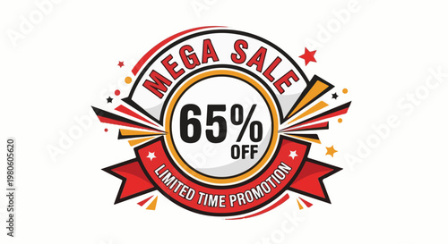 Vibrant mega sale graphic with 65% off for a limited time promotion