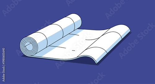 White paper roll partially unfurled on a solid dark blue background suitable for blueprints, maps, or creative design projects.
