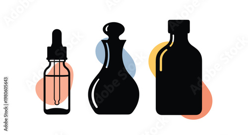 Silhouettes of three apothecary style glass bottles including a dropper vial and a round stoppered jar against colorful shapes.