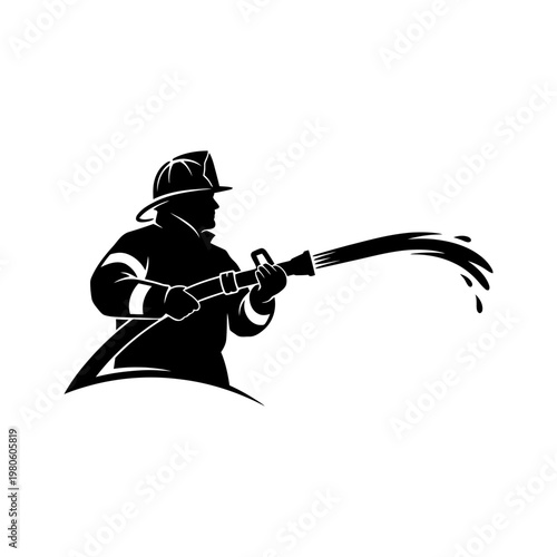 Firefighter silhouette holding fire hose spraying water stream in professional uniform gear.