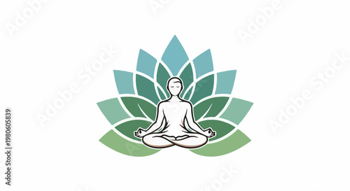 Person meditates in lotus pose against a stylized, layered lotus flower