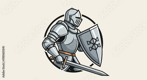 Stylized illustration of a medieval knight in full armor, holding a sword and shield