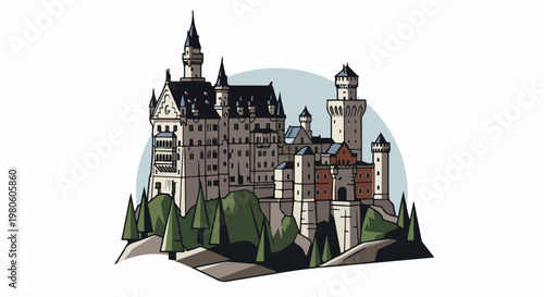 A detailed illustration of a magnificent castle situated atop a rocky hill with trees