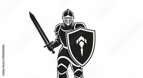 A black and white illustration of a knight in full armor holding a sword and shield