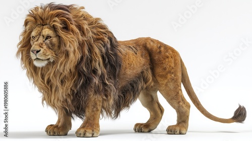 Hyper realistic colorful statue of a majestic lion with detailed mane texture and glossy painted finish, isolated on a pure white background 