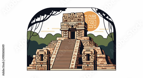 Pixelated Mayan pyramid structure with decorative sun symbol and jungle border