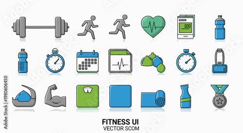 A comprehensive collection of colorful fitness and workout user interface icons, including gym equipment, health trackers, and exercise accessories.
