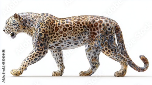 Multicolor leopard statue with detailed spotted texture and lifelike posture, isolated on white background with balanced lighting.