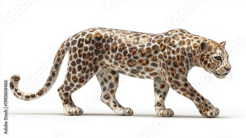 Multicolor leopard statue with detailed spotted texture and lifelike posture, isolated on white background with balanced lighting.
