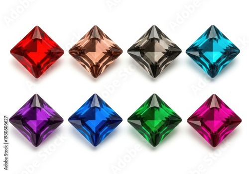 A collection of colorful diamond-shaped gemstones on a white background