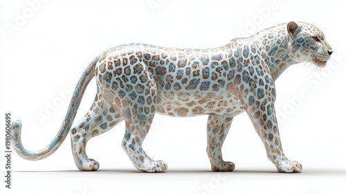 Multicolor leopard statue with detailed spotted texture and lifelike posture, isolated on white background with balanced lighting.