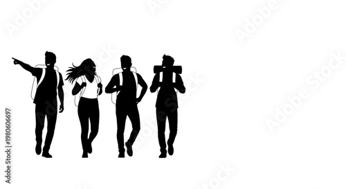 Silhouette of a group of friends hiking and exploring together.