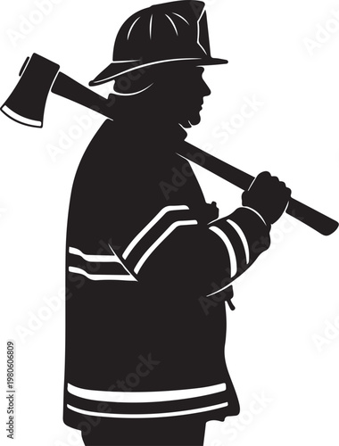 Black silhouette fireman holding axe over shoulder