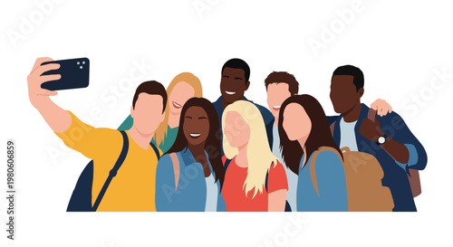 Diverse group of happy young students taking a selfie together.