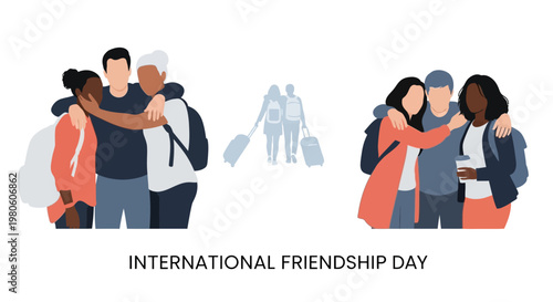 Diverse group of friends hugging and traveling together for International Friendship Day.