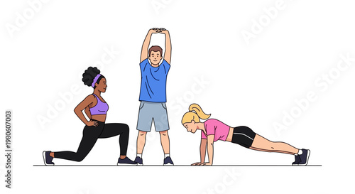 Group of diverse people performing various physical exercises and fitness training in a gym setting.