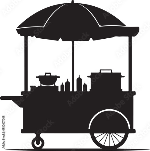Black silhouette food cart with umbrella wheel
