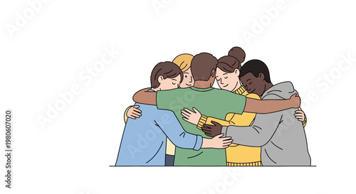 Diverse group of young people embracing in a supportive hug.