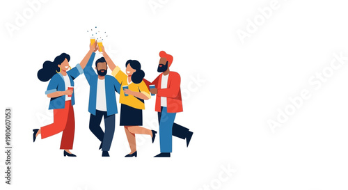 Group of diverse friends celebrating and cheering together.