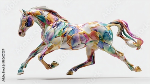 Multicolored horse statue in dynamic running pose with realistic muscle definition and polished surface, isolated on white background with sharp focus.
