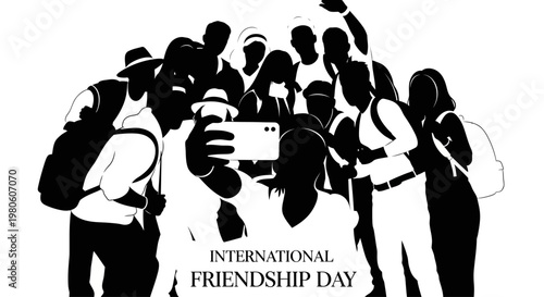 Silhouette illustration of diverse friends taking a group selfie for International Friendship Day.