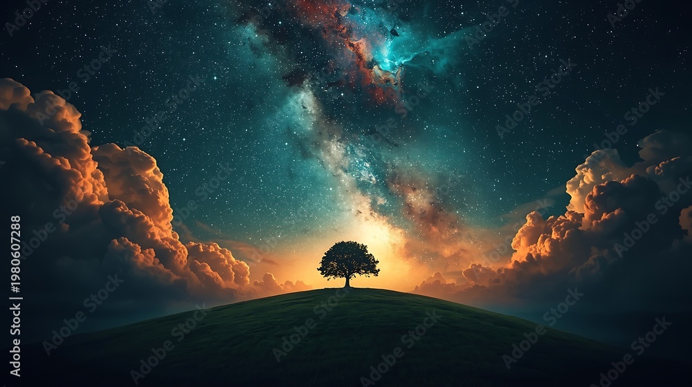 Fototapeta premium Cinematic Fantasy Landscape with Lone Tree Storm Clouds and Milky Way Galaxy Sky