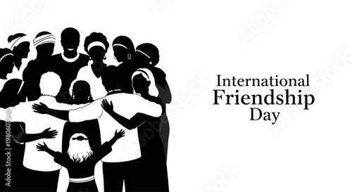 Silhouette illustration of a diverse group of people embracing for International Friendship Day.