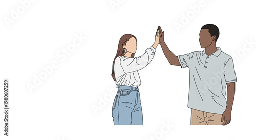 Diverse young man and woman giving a high five.