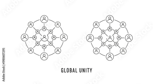 Global unity concept represented by connected people network diagrams.